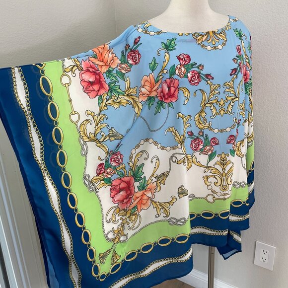 Belle Kim Gravel Womens Plus 3X Floral Chain Poncho Top Vibrant Multicolor Shirt - Picture 6 of 13